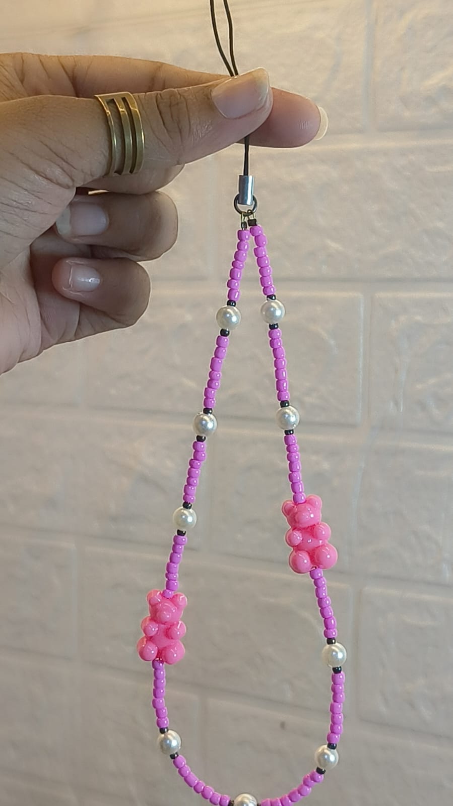 Hot pink handmade bear phone charm strap with premium pearl beads