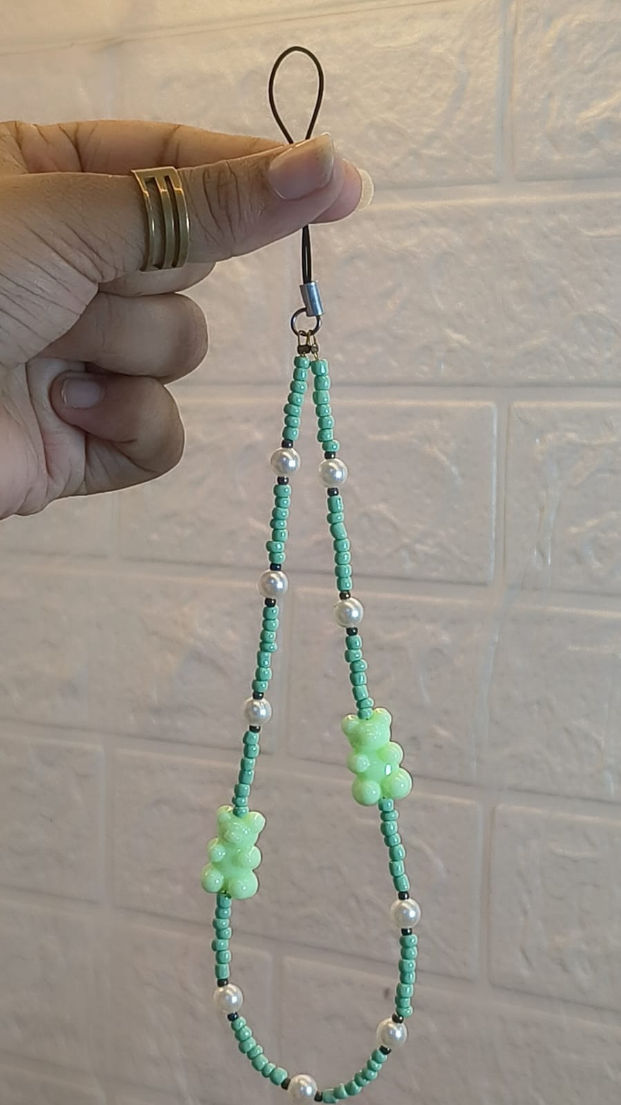 Mint green teddy bear beaded mobile phone charm with pearl accents
