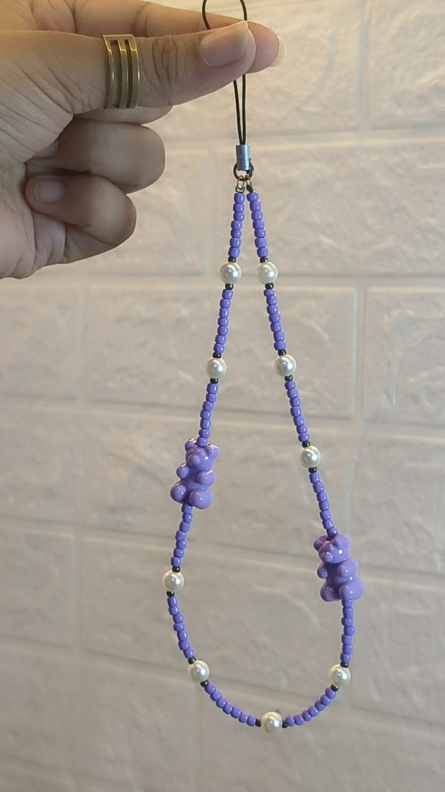 Purple bear beaded phone wrist strap handmade cute mobile accessory