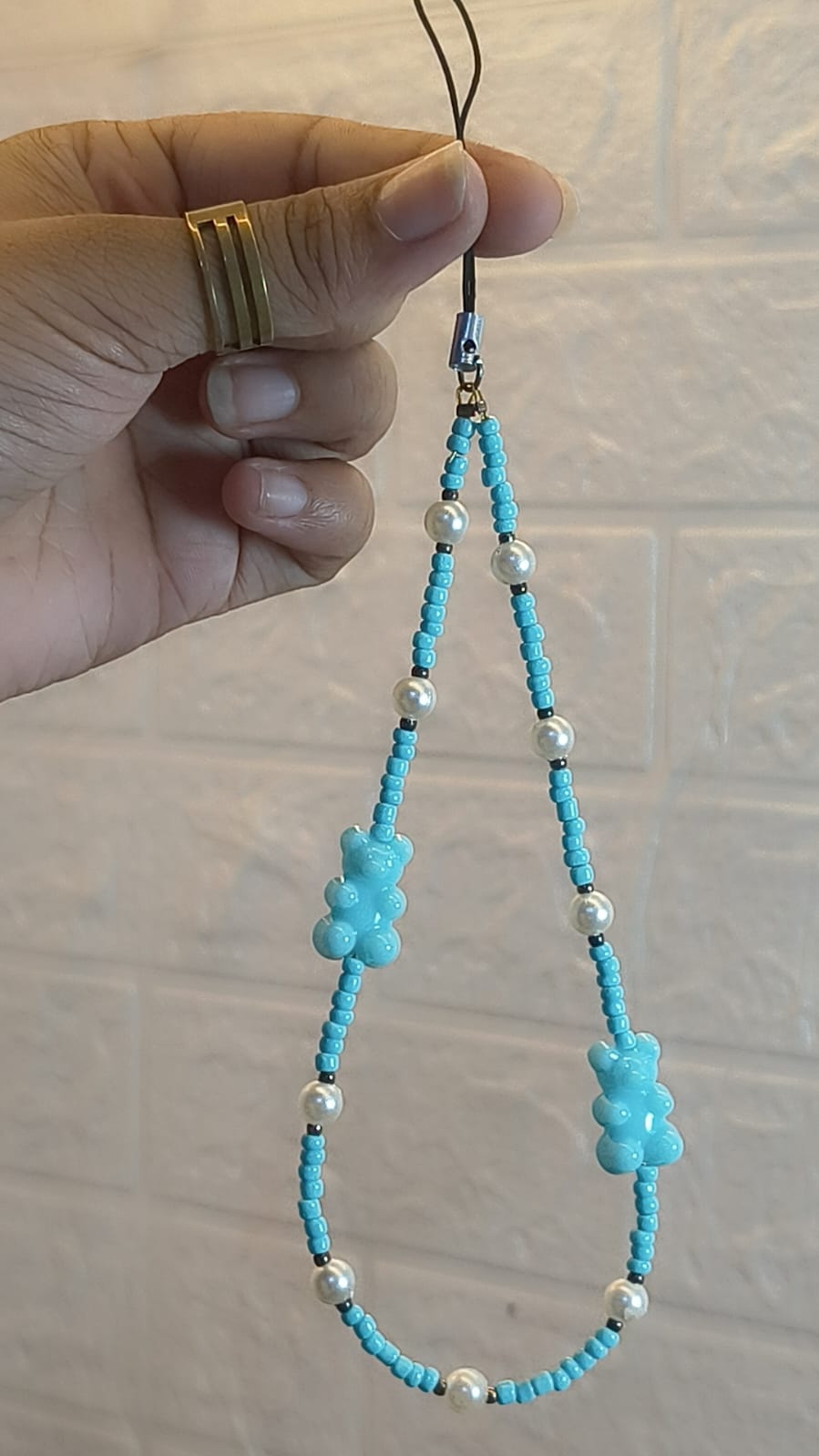 Sky blue teddy bear beaded phone charm with pearl beads for smartphones