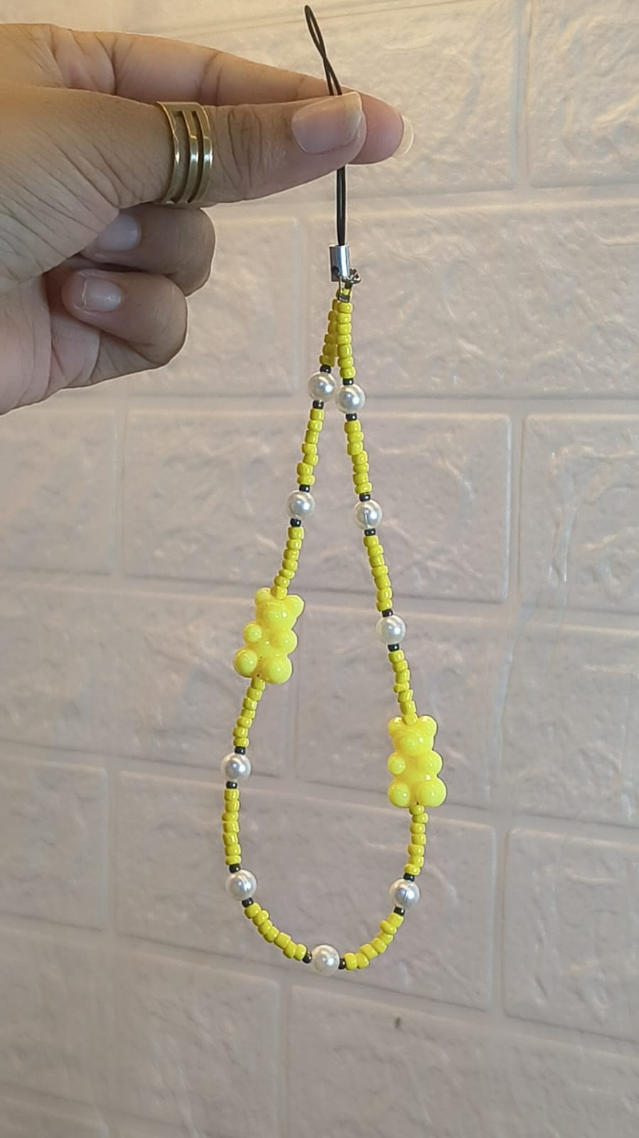 Yellow teddy bear pearl beaded phone charm strap for mobile phones handbags and keys