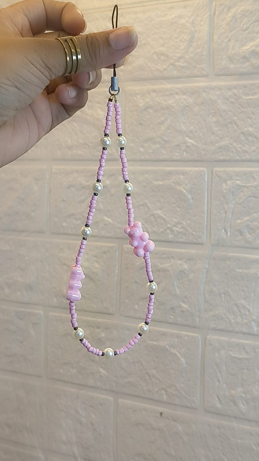 Cute baby pink teddy bear beaded mobile phone charm wrist strap with pearl beads