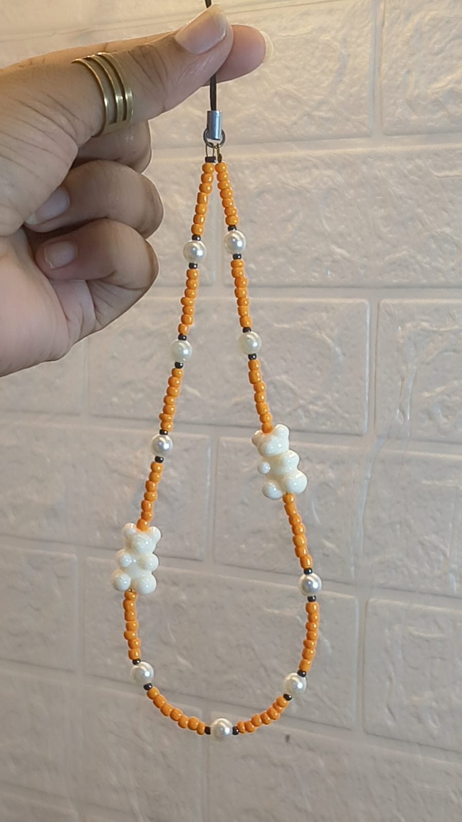 Handmade orange bear beaded phone charm strap with pearl beads for smartphones keychains and bags