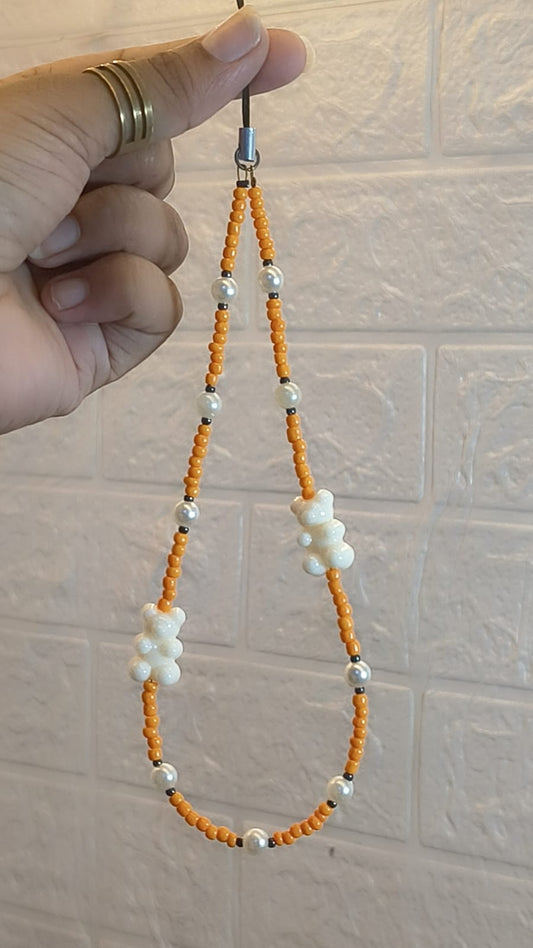 Handmade orange bear beaded phone charm strap with pearl beads for smartphones keychains and bags