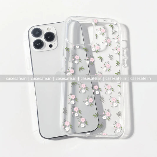 Clear phone case with tiny pink flowers and white floral pattern