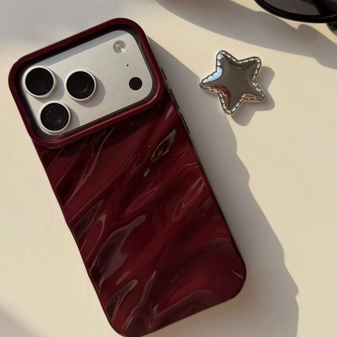Dark Red Glossy Wave iPhone Case with Luxury Ripple Texture and Premium Finish
