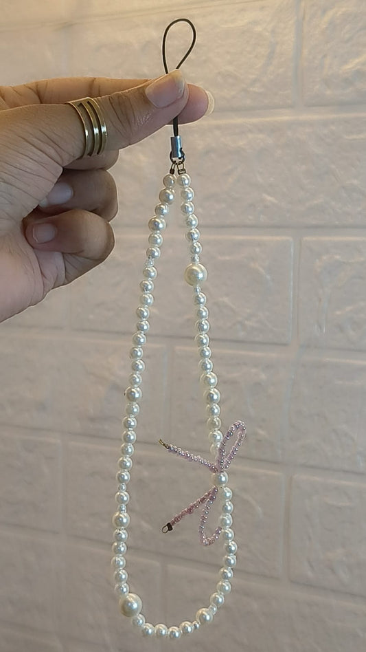 Elegant handmade pearl bow phone charm strap with premium faux pearls for smartphones, handbags, keys and mobile accessories