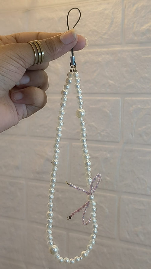 Elegant Pearl Bow Phone Charm Strap | Handmade Beaded Mobile Wrist Strap for Phone, Keys & Bags
