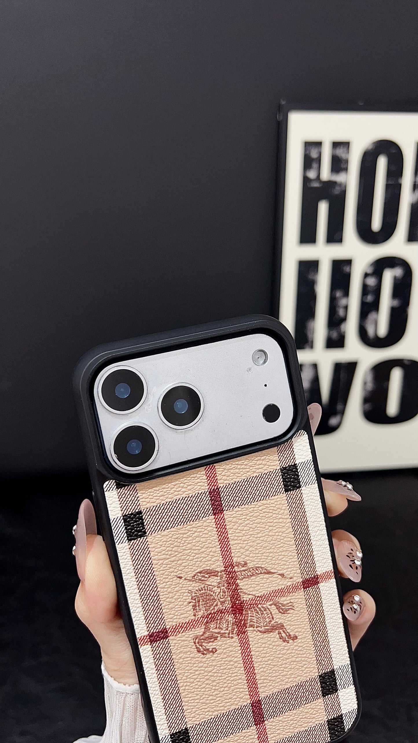 Plaid Pattern Leather iPhone Case – camera protection close-up