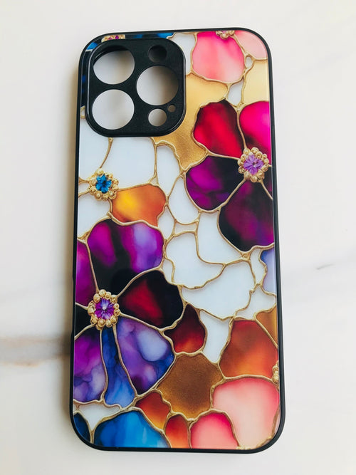 Luxury Stained Glass Floral iPhone Case – Elegant Gold & Crystal Finish