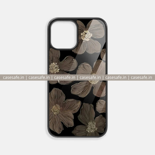 Luxury floral glossy phone case with hand-drawn beige flowers on black background