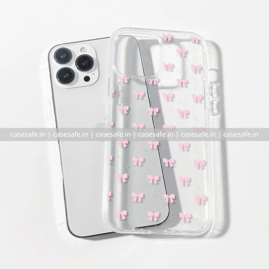 Mini pink bow phone case with dotted design on clear silicone
