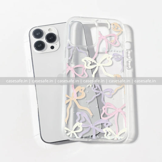 Clear phone case with multicoloured pastel bows for iPhone