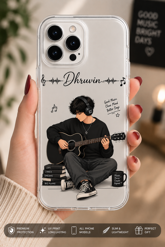 Personalized Music Boy Name Phone Case with Guitar Illustration for iPhone and Android Custom Transparent Cover