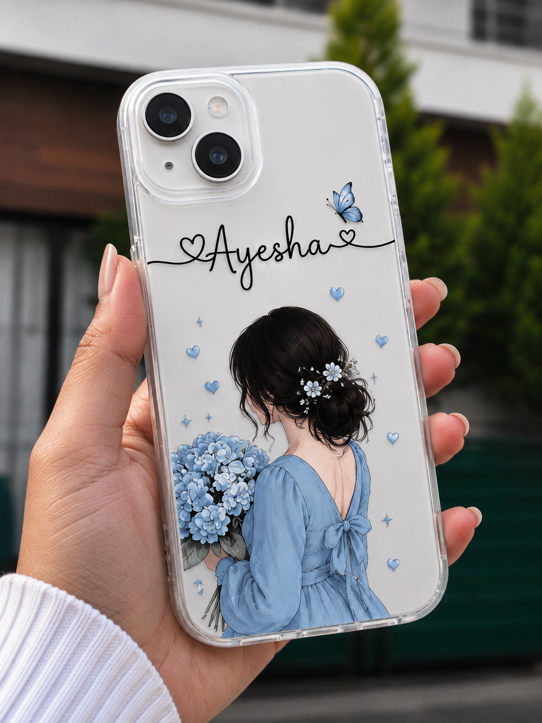 Personalized name blue girl floral phone case with hydrangea bouquet and butterfly