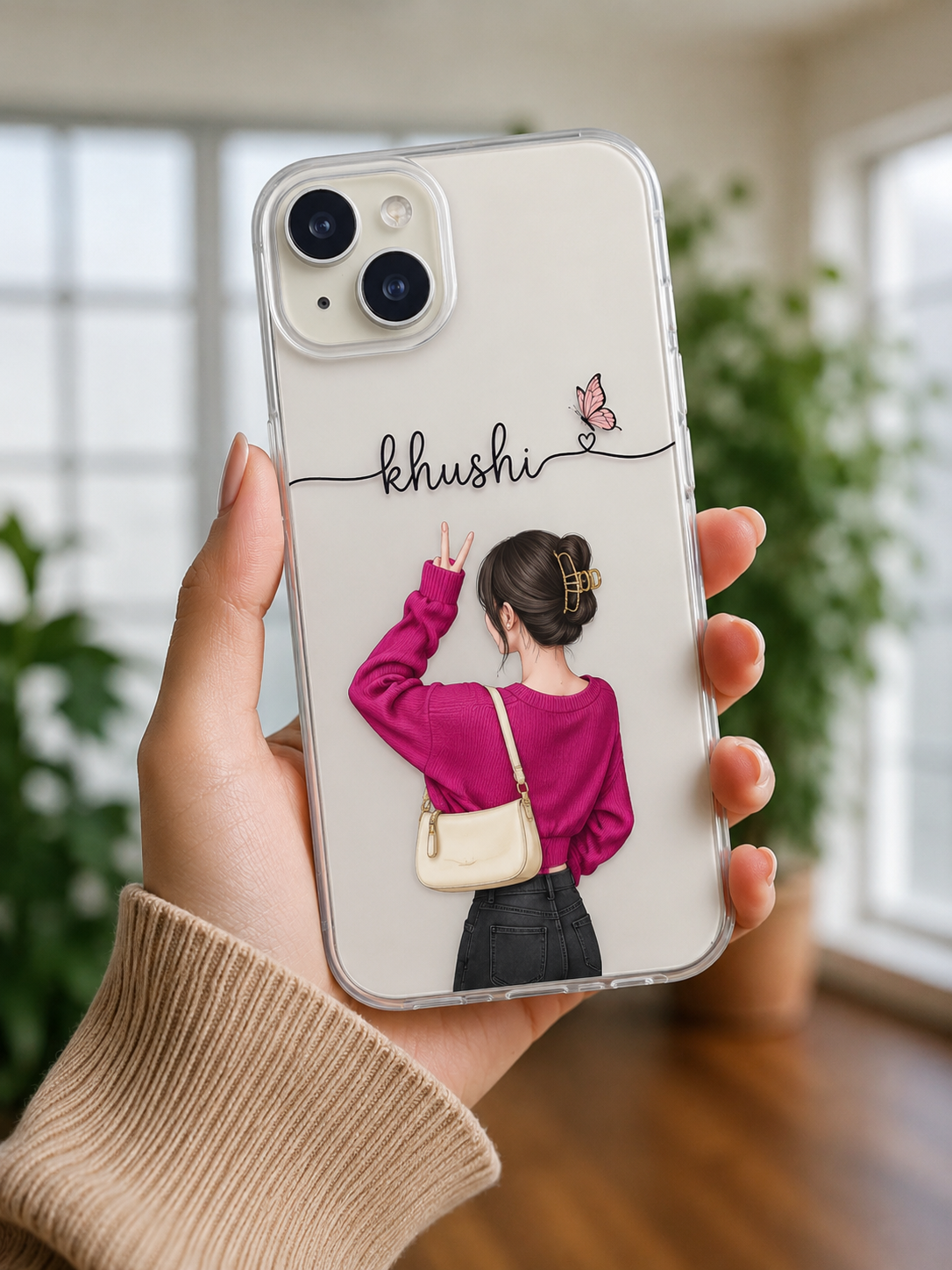 Personalized name pink fashion girl transparent phone case with handbag and butterfly design