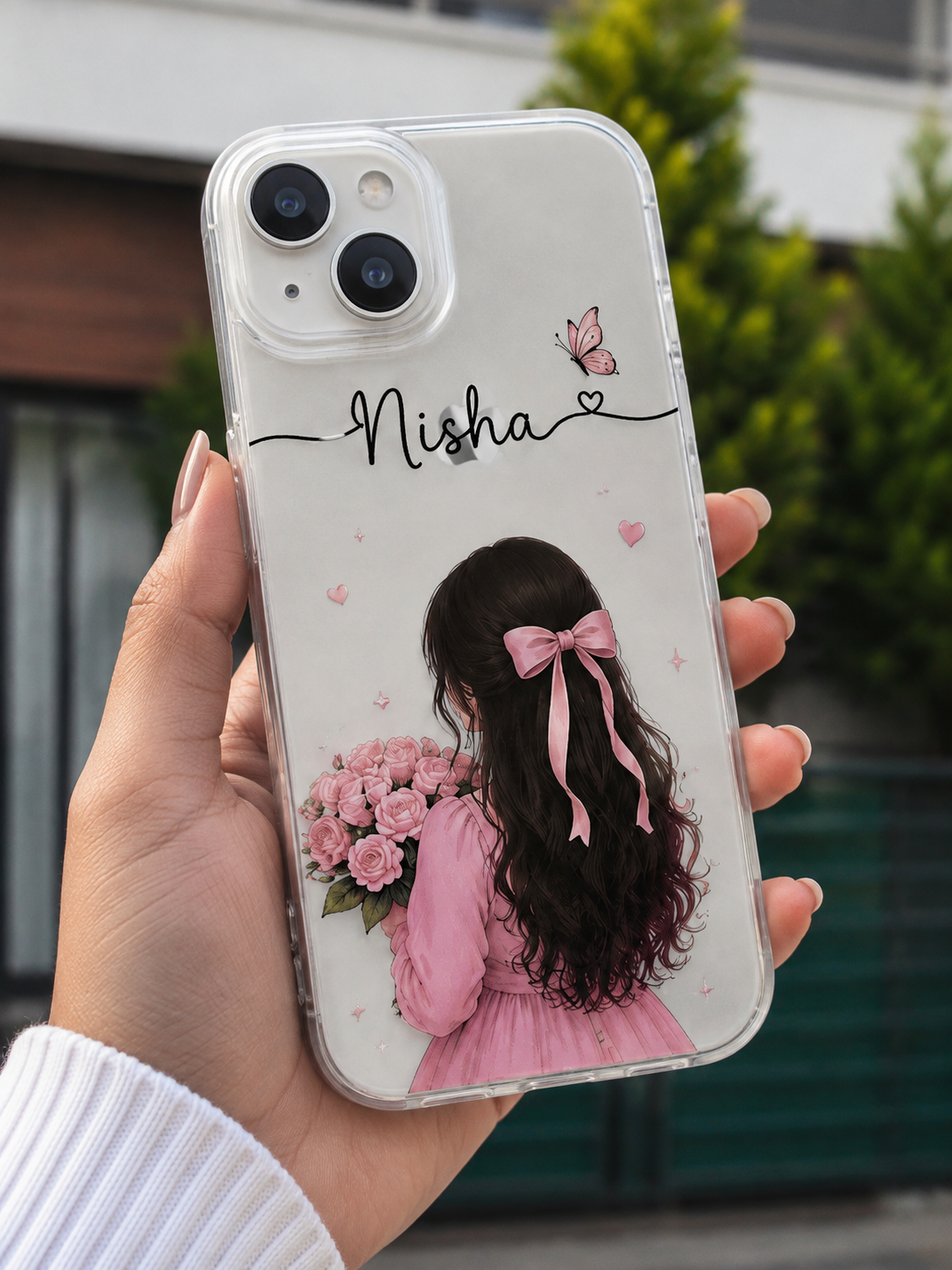 Personalized Nisha pink girl floral phone case with rose bouquet and butterfly design