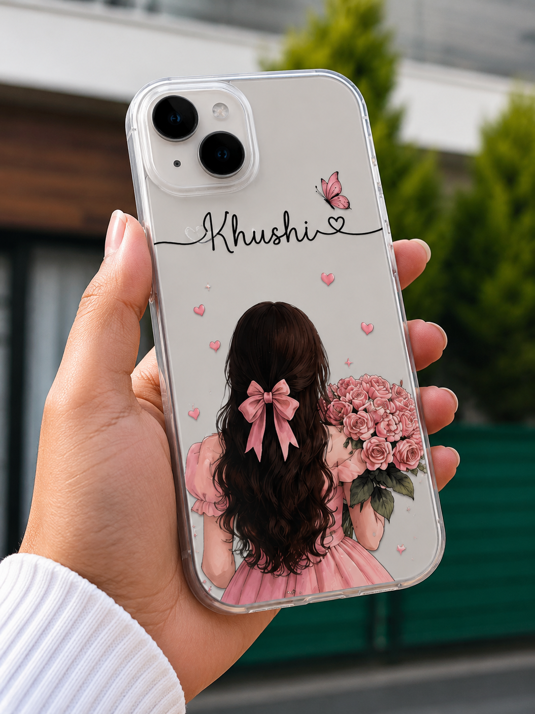 Personalized name pink girl phone case with rose bouquet, butterfly and bow design