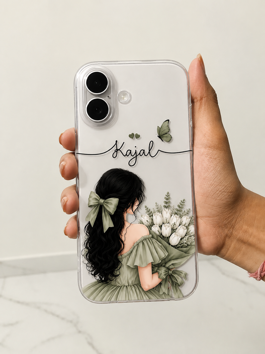 Personalized Sage Green Girl Phone Case with Custom Name, White Floral Bouquet & Transparent Cover for iPhone and Android