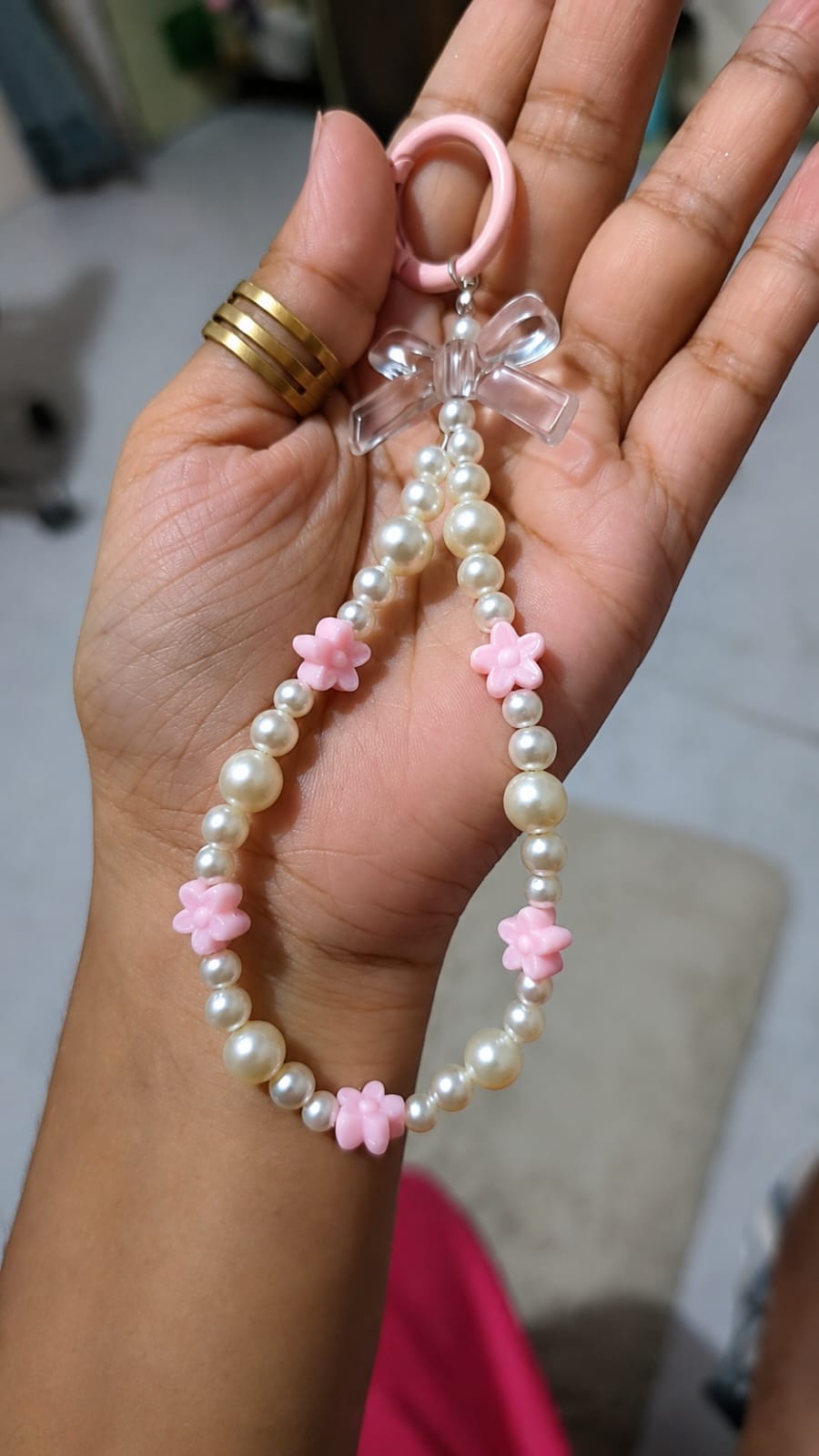 Pink Flower Pearl Phone Charm Strap with Transparent Bow and White Pearl Beads Handmade Phone Accessory for iPhone and Android