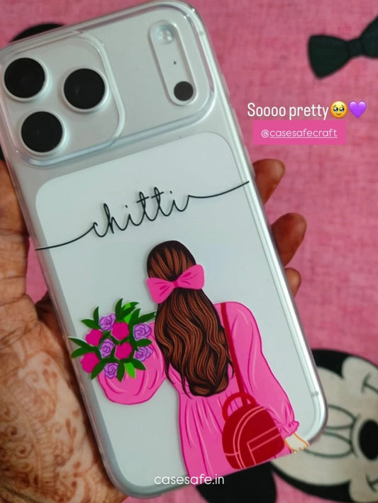 Custom Girl Illustration Phone Case – Personalized Name Clear Back Cover (Pink Outfit Design)