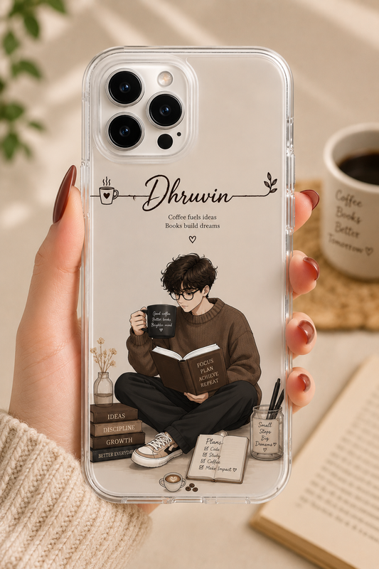 Personalized coffee and book boy phone case with custom name on transparent iPhone cover for iPhone and Android