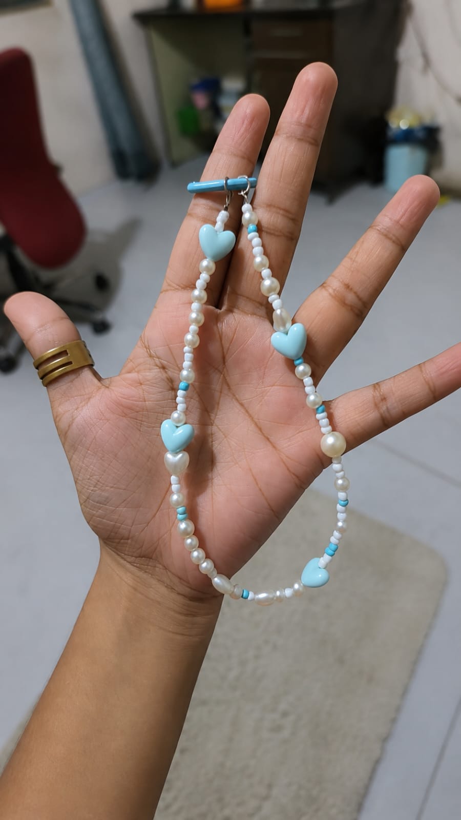 Blue Heart Pearl Phone Charm Strap with White Pearl Beads Handmade Phone Accessory for iPhone and Android