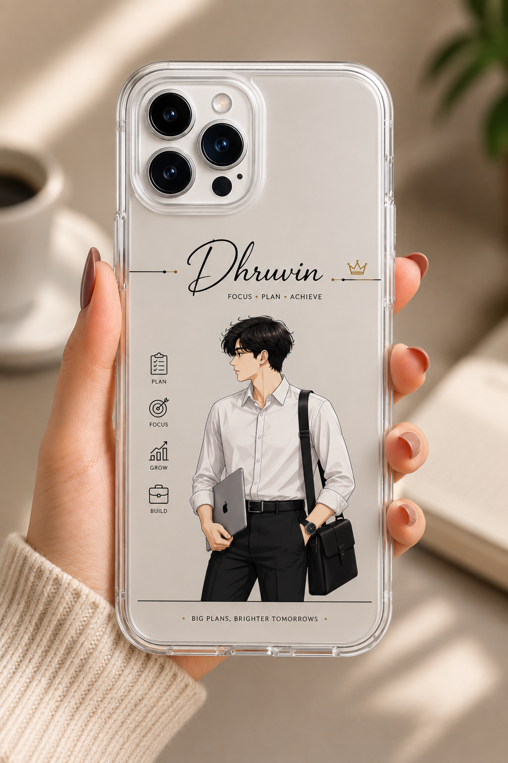Personalized Business Casual Boy Name Phone Case with custom name Dhruvin on transparent cover for iPhone and Android featuring a minimalist professional illustration.