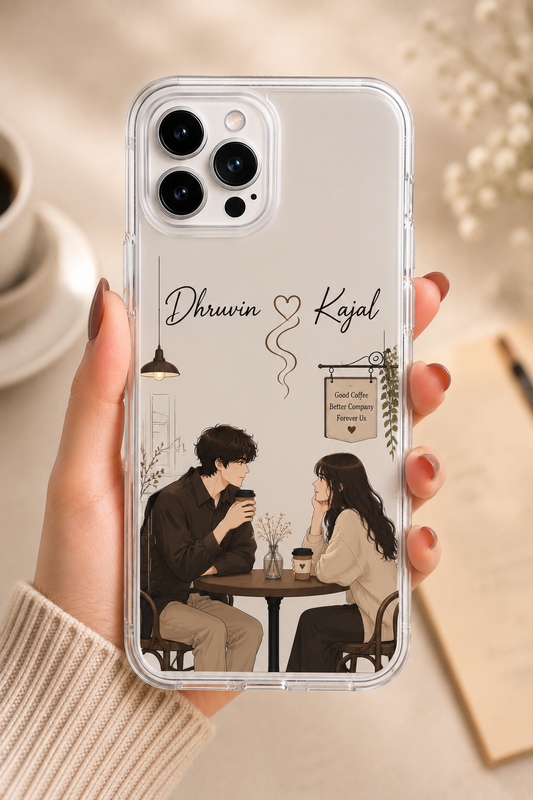 Personalized Coffee Date Couple Name Phone Case featuring a romantic boy and girl enjoying coffee together with custom names on a transparent iPhone and Android case.