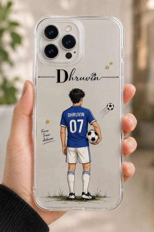 Personalized football boy name phone case with custom jersey illustration for iPhone and Android