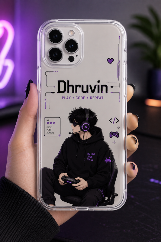 Personalized Gamer Boy Name Phone Case with anime gaming illustration, custom name design, transparent case for iPhone and Android