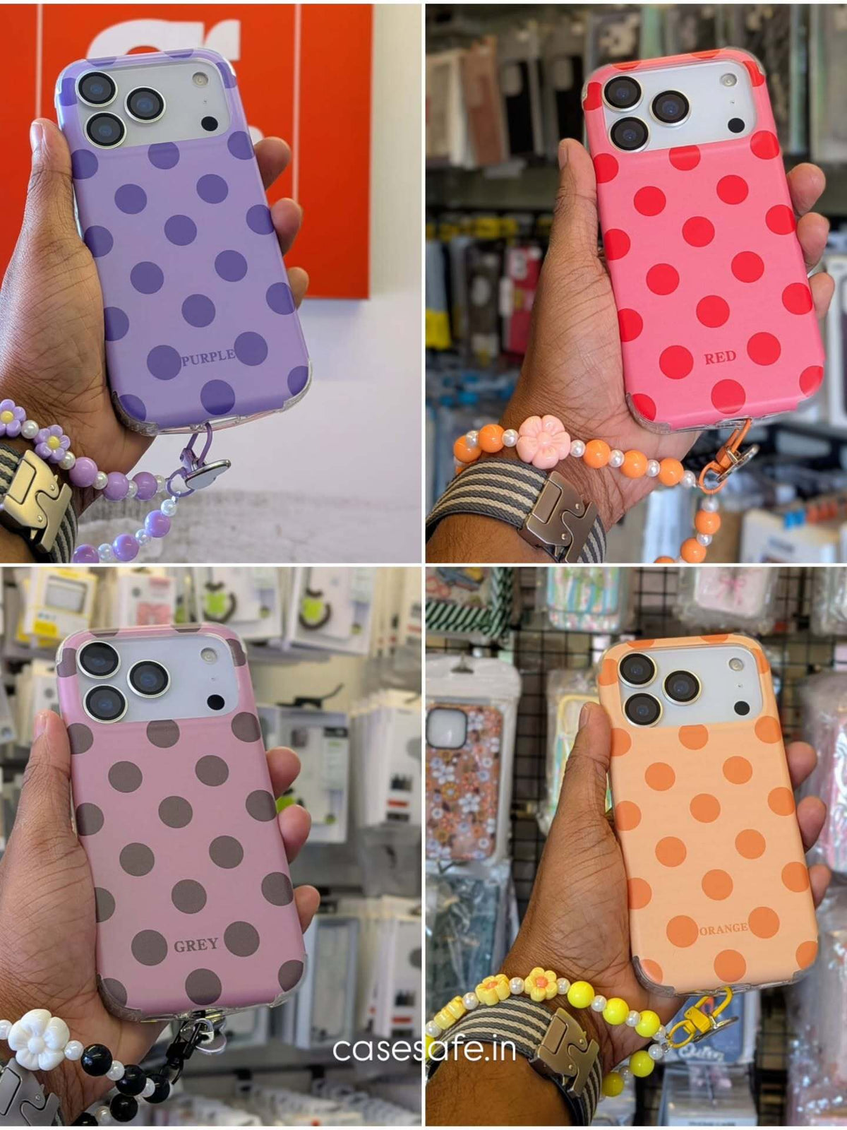 Trendy polka dot phone case with beaded charm for iPhone