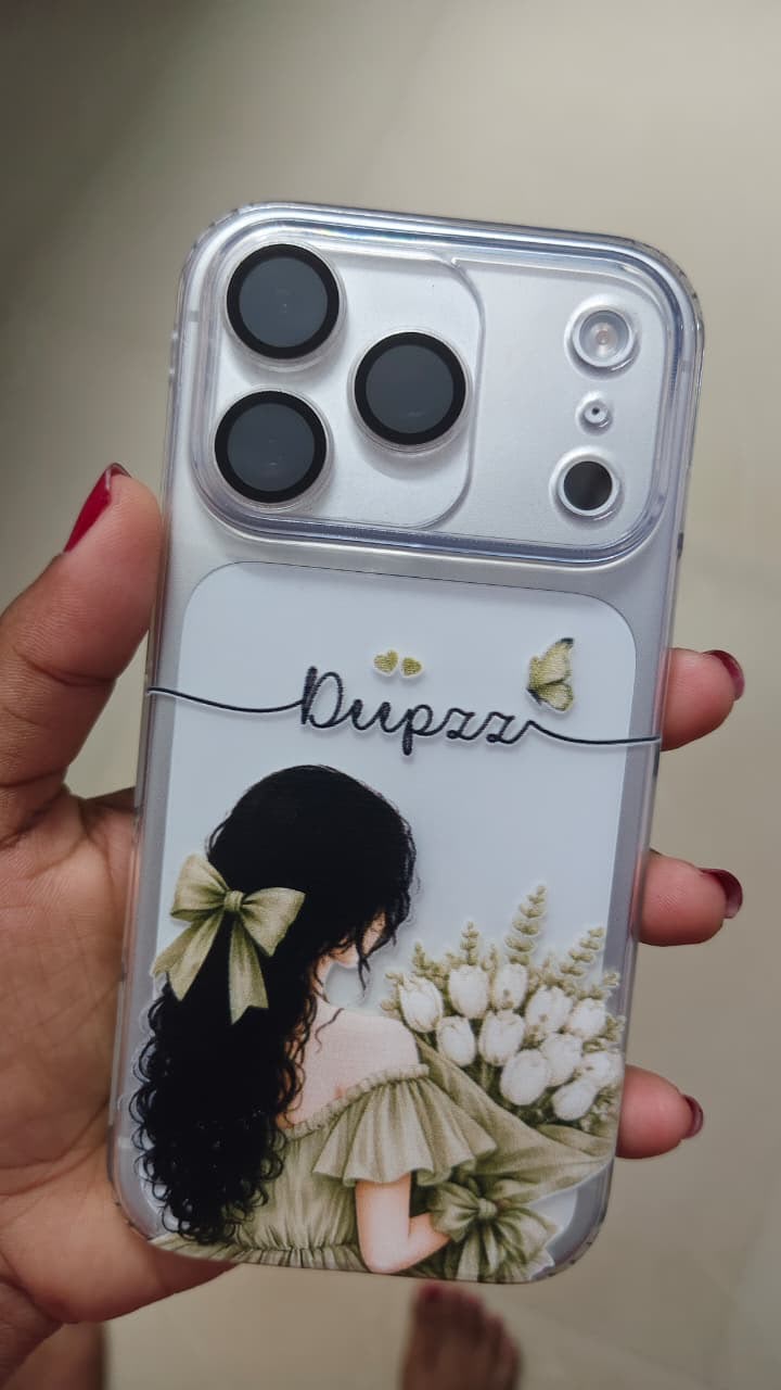 Personalized Sage Green Girl Phone Case with Custom Name, White Floral Bouquet & Transparent Cover for iPhone and Android