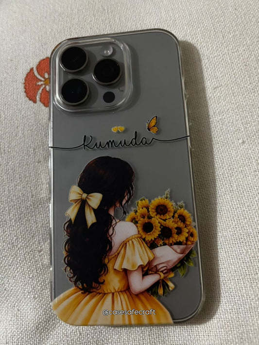 Personalized Name Sunflower Girl Transparent Phone Case for iPhone and Android Models