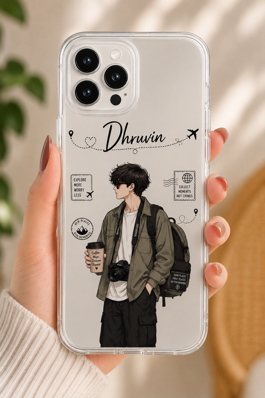 Personalized Travel Boy Name Phone Case with Explorer Illustration for iPhone and Android Transparent Cover