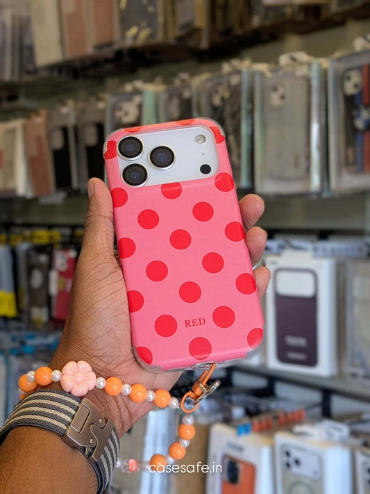 Trendy polka dot phone case with beaded charm for iPhone