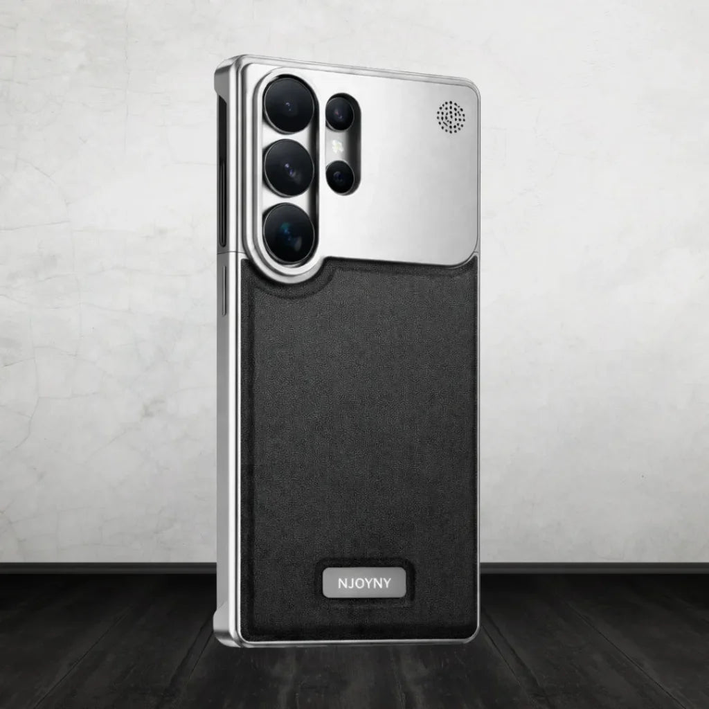 Samsung Galaxy S26 Ultra black leather aluminum case – NJOYNY silver frame